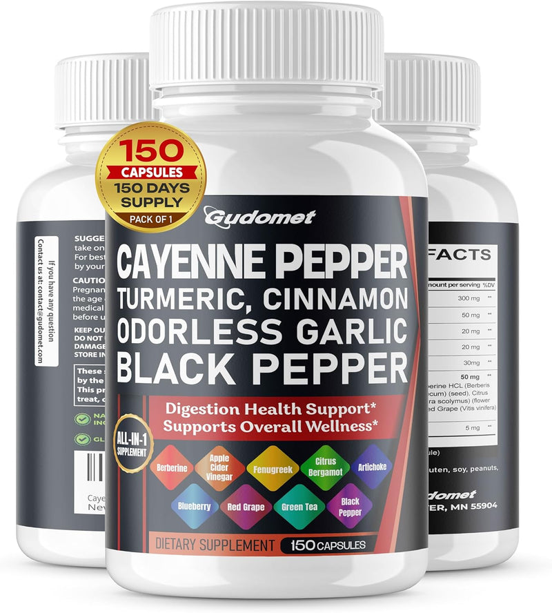 [Australia] - Cayenne Pepper Turmeric Odorless Garlic Cinnamon Fenugreek Citrus Bergamot Artichoke Blueberry Green Tea Black Pepper -150 Capsules- Made in USA 150 count (pack of 1) 