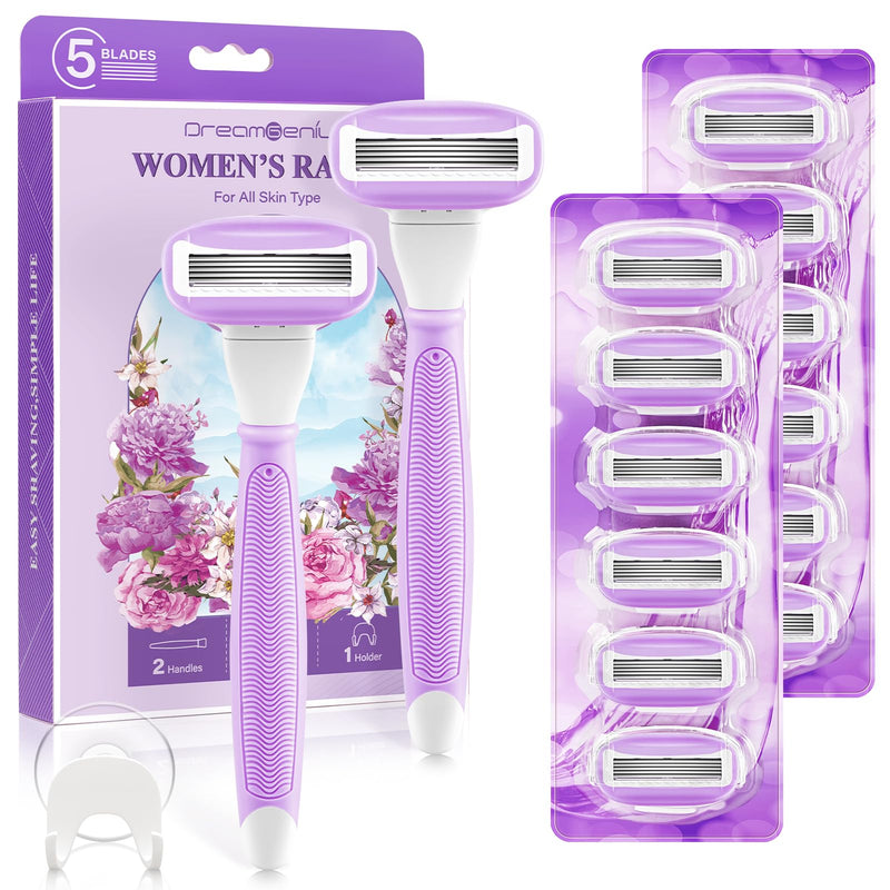 [Australia] - Razors for Women Include 2 Non-Slip Handles and 14 Blade Refills with a Shower Holder, 5 Premium Blades Women's Razors for Shaving with 360° Lubrication Reduces Irritation, Purple 
