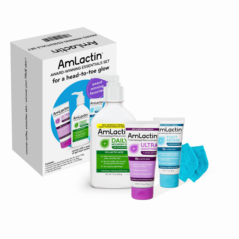 Amlactin Essentials Skin Care Set, Lactic Acid Body & Foot Care | Lactic acid skin care set with body lotion, smoothing cream, foot cream and socks to exfoliate, moisturize and renew skin.