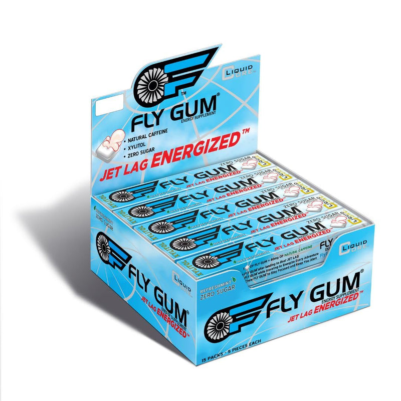 [Australia] - Fly Gum by Liquid Core® – Energy Gum with 80mg of Natural Caffeine Per Piece - Sugar-Free, Aspartame-Free, Caffeine Gum for Travel – 15 Packs - 75 Pieces 