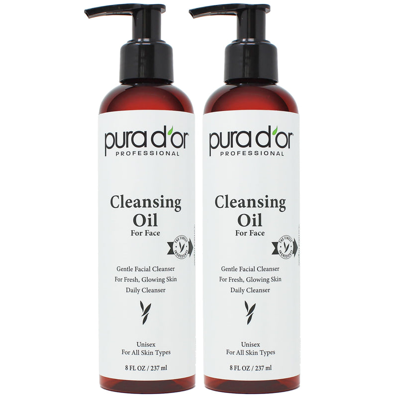 PURA D'OR Facial Cleansing Oil (8 Oz x2 = 16 Oz) Nourishing Botanical Blend with & Vitamin, Jojoba and Sunflower Oil - Gentle Makeup Remover & Deep Cleanser For Healthy, Glowing Skin - Paraben-Free 8 Fl Oz (Pack of 2)