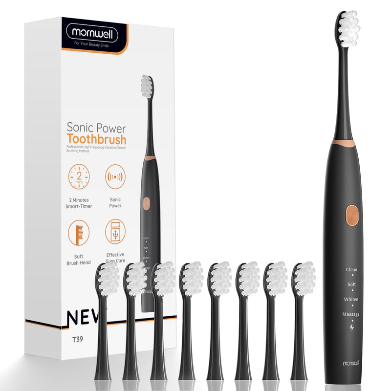 mornwell Sonic Electric Toothbrushes, Rechargeable Electric Toothbrush with 8 Brush Heads 76000 VPM Deep Clean 4 Modes, Travel Toothbrushes Fast Charge 4 Hours Last 45 Days for Adults and Kids Black 1 Count (Pack of 1)