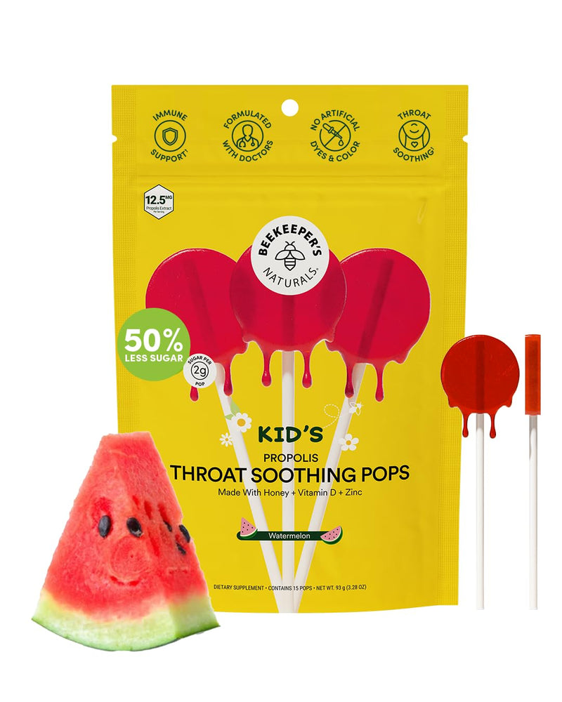 Beekeeper's Naturals Kids Throat Soothing Lollipops, Watermelon, 15 ct | Doctor Formulated Immune Support, Under 2g Sugar, Vitamin D & Honey