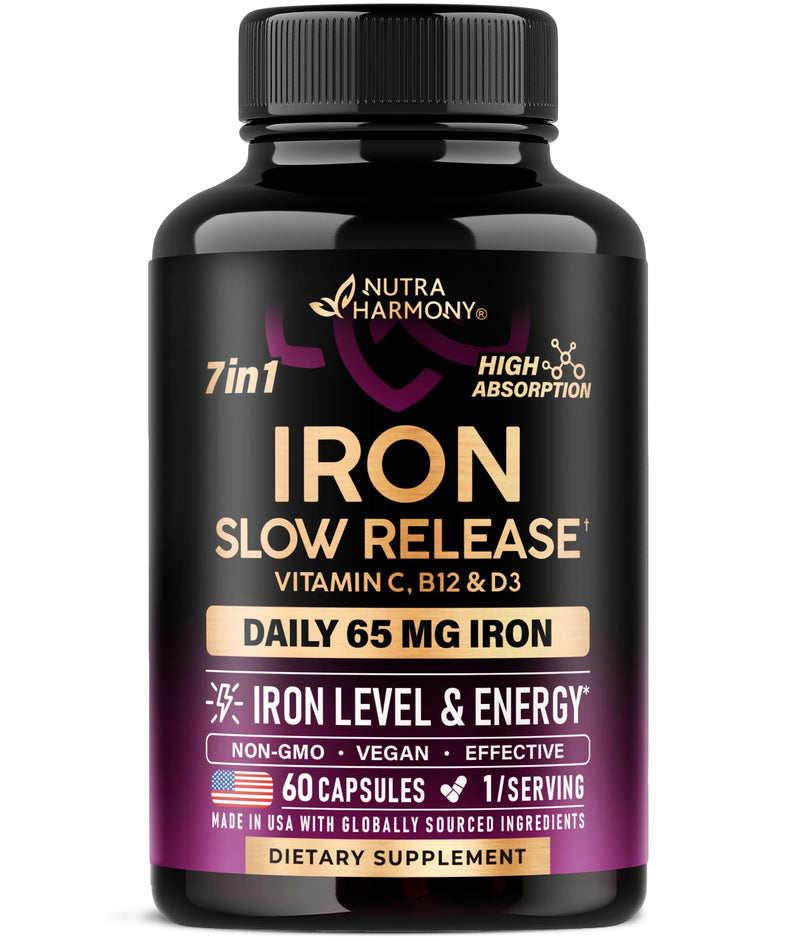 Iron Supplement for Women - Iron 65mg (Ferrous Sulfate 325mg) - 60 Caps | Iron Level & Energy Support - Vitamins C, D3, B6, B12 & Folate - Stomach Friendly, Slow Release, Bioavailable - 60-Day Supply 60 Count (Pack of 1)