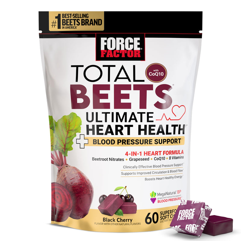 [Australia] - FORCE FACTOR Total Beets Ultimate Heart Health Chews for Blood Pressure Support, with Beetroot Powder, CoQ10, B Vitamins & Grapeseed Extract for Blood Flow & Energy, Black Cherry, 60 Soft Chews 