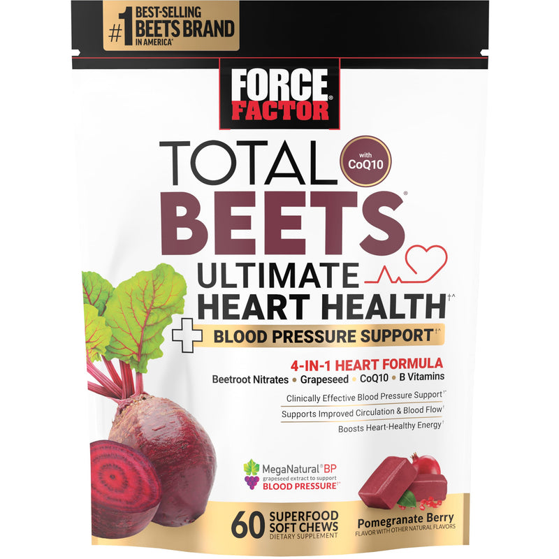 [Australia] - FORCE FACTOR Total Beets Ultimate Heart Health Blood Pressure Support Chews with CoQ10, Beet Root Powder, Grape Seed Extract, Blood Pressure Supplement for Circulation & Blood Flow, 60 Soft Chews 1 Pack 