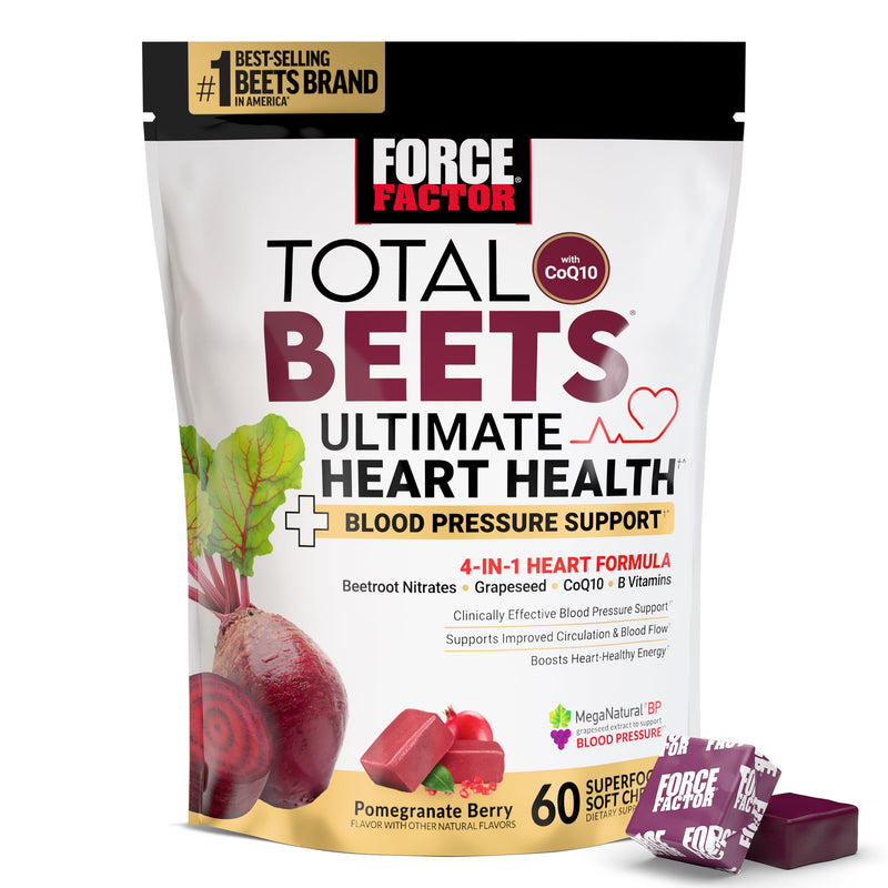 Force Factor Total Beets Ultimate Heart Health for Blood Pressure Support | with Beet Root Powder, CoQ10 for Nitric Oxide & Energy, Clinically Studied Ingredients, Pomegranate Berry, 60 Soft Chews 60 Count (Pack of 1)