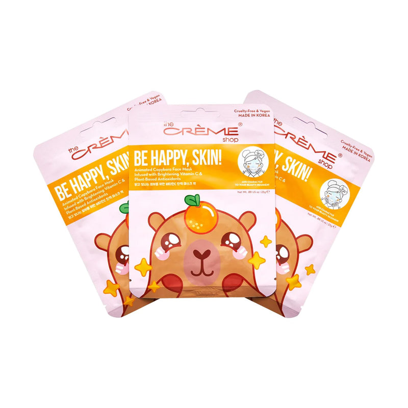 The Crème Shop Be Happy, Skin! Animated Sheet Mask (Capybara/Pack of 3) | Vitamin C & Antioxidant Face Mask - Radiant, Youthful Glow - Korean Beauty Sheet Mask