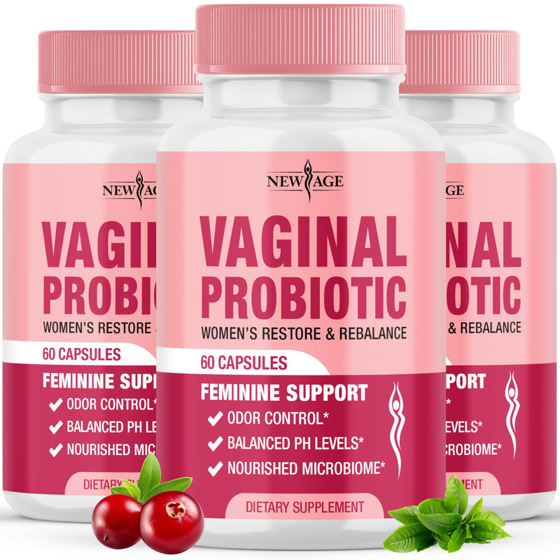 NEW AGE Vaginal Probiotics for Women with Prebiotics, Cranberry Extract, and a Lactobacillus Probiotic Blend, Supports Healthy pH Balance, Odor Control, Vaginal Flora - 180 Capsules 180 Capsules (Pack of 3)