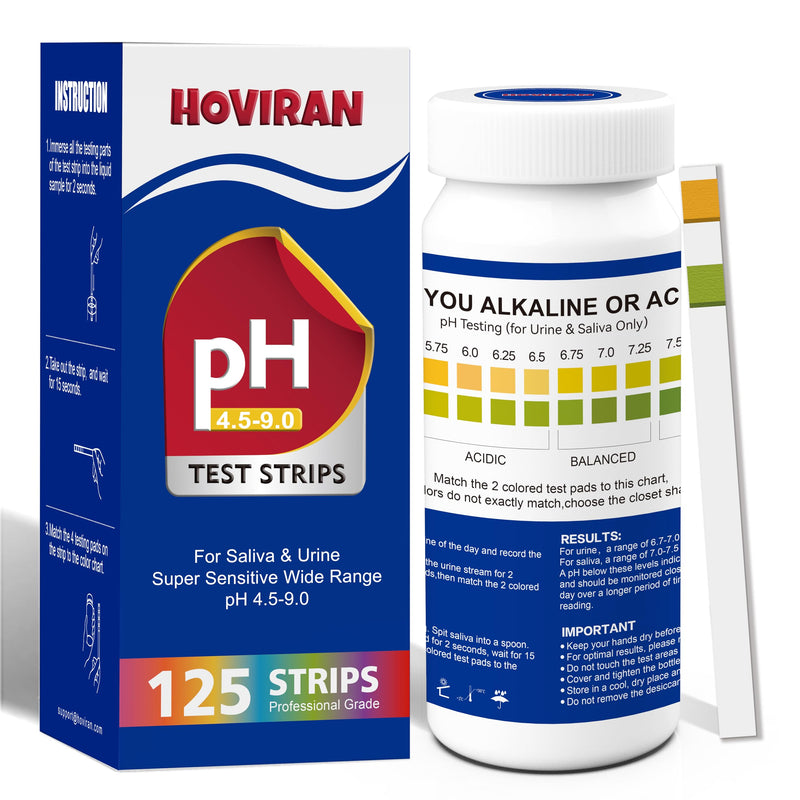 pH Test Strips for Saliva & Urine, Monitor Your pH Level from 4.5-9.0 | 125 Urine Test Strips for Tracking Alkaline & Acid Levels in Body
