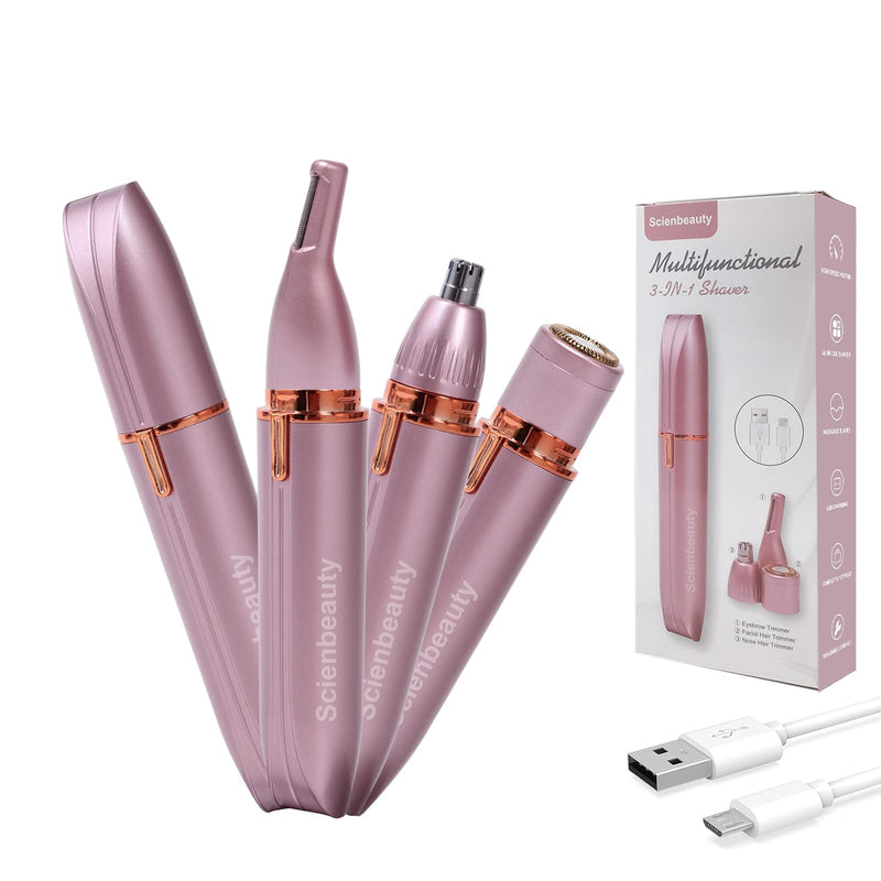 [Australia] - Scienbeauty Nose Ear Hair Trimmer Facial & Eyebrow Hair Remover for Women, 3 in 1 USB Rechargeable Painless Hair Removal Kit with 3 Replaceable Rinseable Grooming Heads Rose Gold 