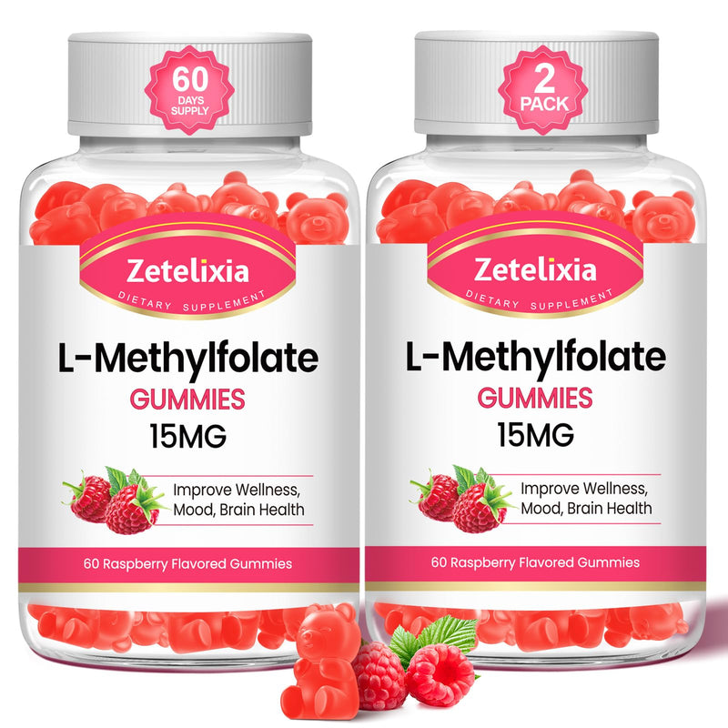 2 Pack L-Methylfolate 15mg & Methyl B12 Gummies, Folate Supplement for Brain Health, Mood & Immunity, DNA Synthesis & Repair, Sugar Free, Vegan, Raspberry Flavor, 120 Count 60 Count (Pack of 2)