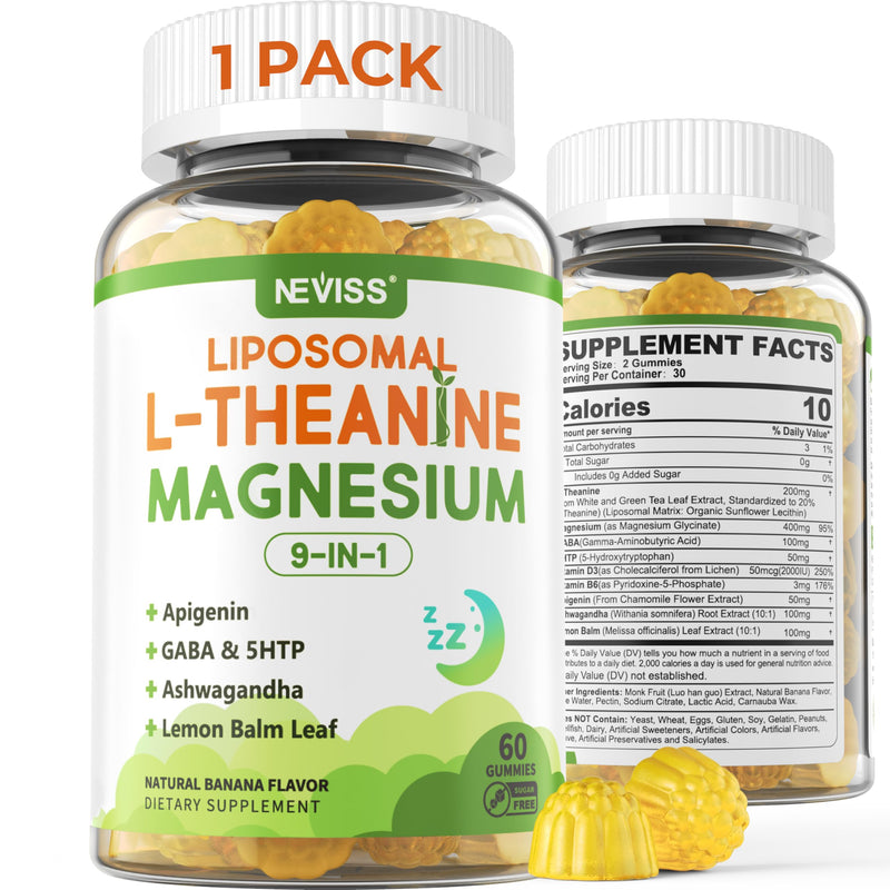 Liposomal L-Theanine 200mg Magnesium Glycinate 400mg Gummies with GABA, 5HTP, Apigenin, Vitamin B6 & D3, Ashwagandha, Lemon Balm Leaf, Melatonin Free Sleep Chewable for Relax Mood & Muscle, 1 Pack Pack of 1