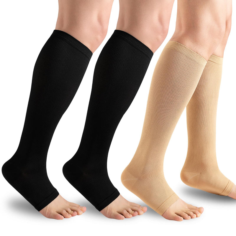 [Australia] - 3 Pairs Open Toe Compression Socks for Men & Women - 15-20 mmhg Knee High Stockings for Circulation Support Large-X-Large 03-b-b-n 
