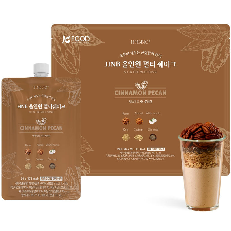 Korean Food All-In-One Multi Shake, Cinnamon Pecan, Fiber, 7 Pack, 350g | Cinnamon pecan-flavored powder blend with dietary fiber in convenient individual packs