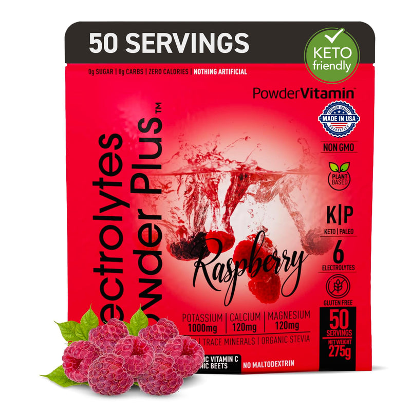 PowderVitamin Electrolytes Powder Plus - 50 Servings - Raspberry Flavor | Sugar-Free Hydration Powder, 1000mg Potassium, 120mg Magnesium, 120 mg Calcium, Himalayan Salt, Vitamin C & Zinc, USA Made 50 Servings (Pack of 1)