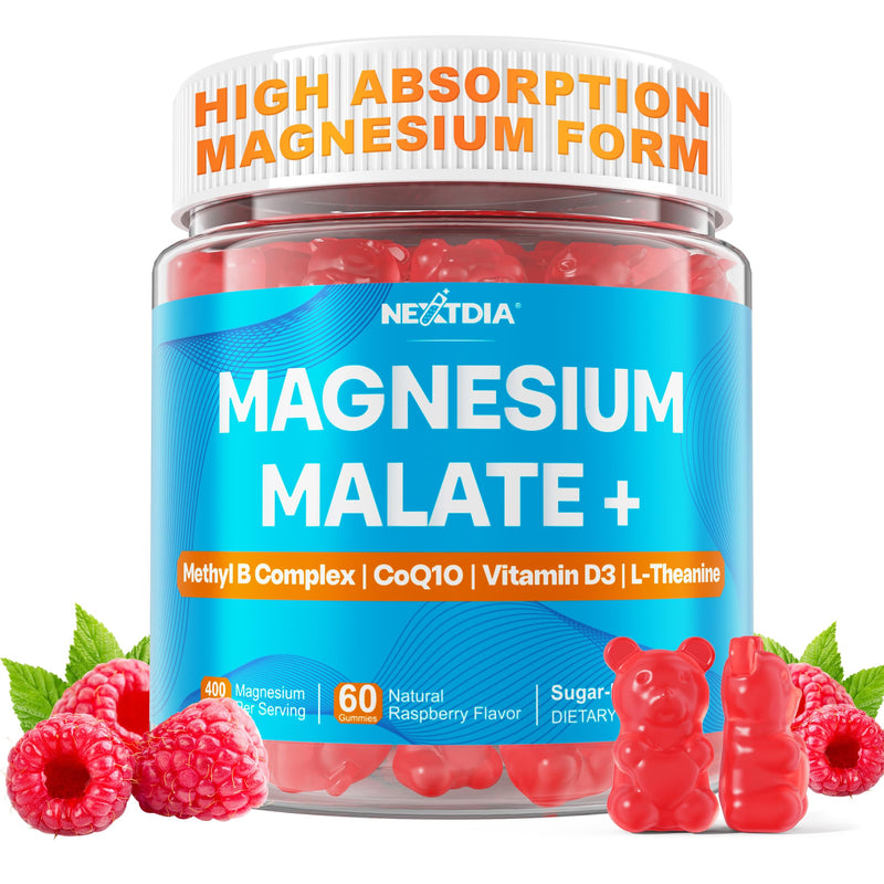 Nextdia Magnesium Malate Gummies for Adults - Magnesium 400mg Chewable | Plus Methylated Folate, B12, B6, L-Theanine & CoQ10, Supports Energy, Muscle & Calm, Sugar Free, 60Cts 60 Count (Pack of 1)