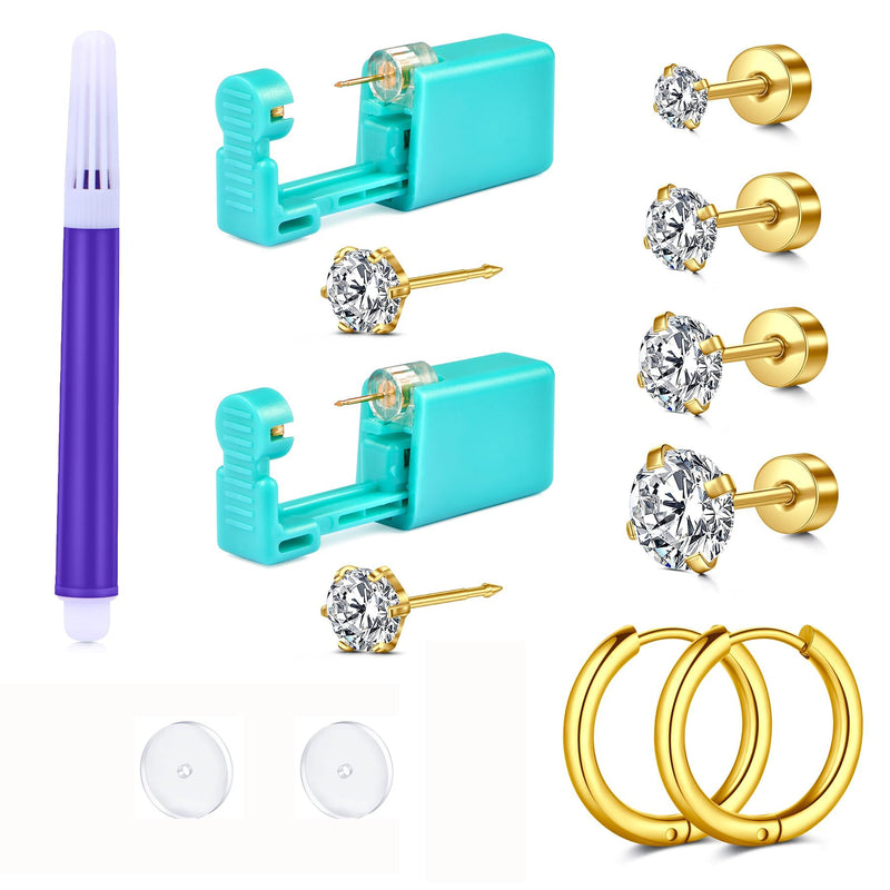 [Australia] - QWALIT Ear Piercing Gun Kit - Gold Self Piercing Earrings Kit With Studs 4-Gold 