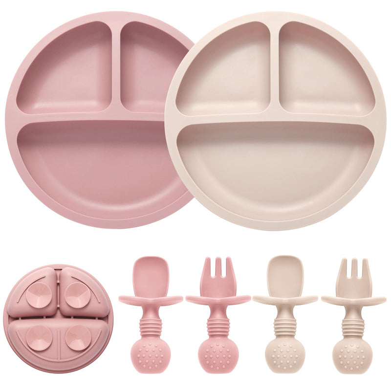 [Australia] - Silicone Feeding Set, 2 Pack Divided Toddler Plates with Suction, 2 Pack Utensils - Spoons & Forks, BPA Free, Baby Led Weaning Supplies Pink 