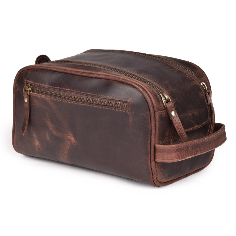 LEATHER VILLAGE Leather Toiletry Bag for Men, Travel Dopp Kit Shaving Bag | Full grain buffalo leather, water-resistant lining, 10x6x6 in YKK zippers, side handle, travel shaving & grooming kit -Cherry Mulberry Brown