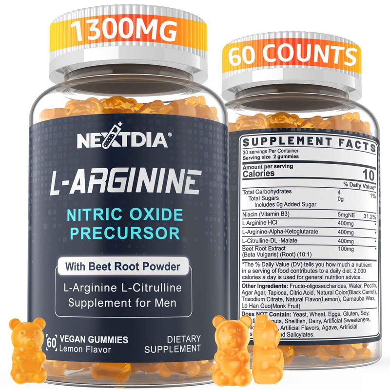 [Australia] - Sugar Free L Arginine Nitric Oxide Gummies 1300mg for Men & Women with L Citrulline, Beet Root, B3 | L Arginine L Citrulline Supplements | Vegan, 60 Counts 60 Count (Pack of 1) 