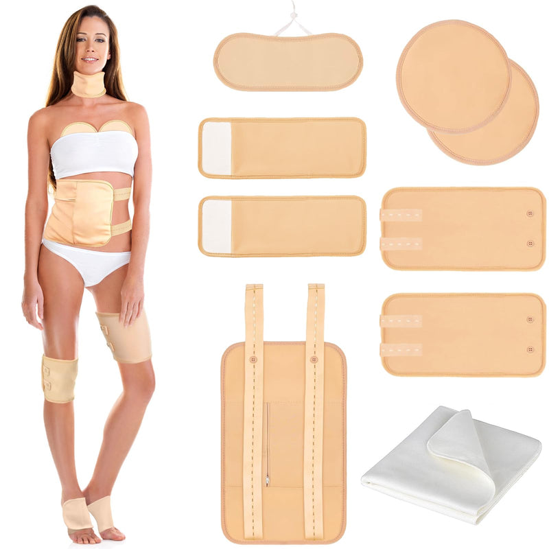 [Australia] - 9 Pcs Castor Oil Pack Wrap Organic Cotton for Liver Detox, Stomach, Belly, Neck, Breast, Knee, Foot & Entire Body, Reusable Pads Kit for Hot/Cold Compress with Adjustable Elastic Strap 