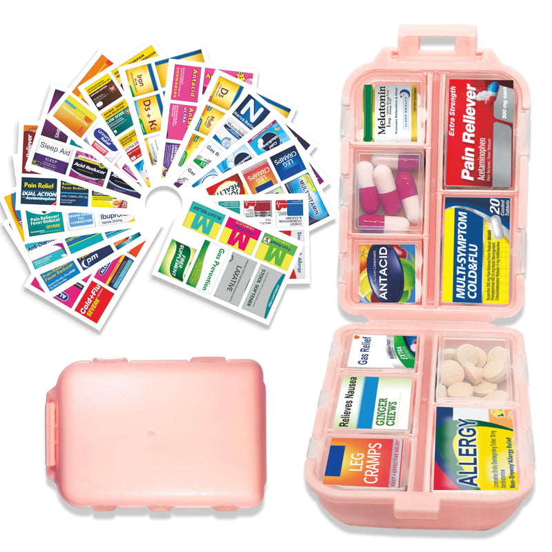 Large Pill Organizer with 146 Medicine Labels, Pink Travel Pill Case | Large 10-compartment pill case with 146 labels for vitamins, supplements, daily meds, 7-day planning, work, travel, and home 1 Pack (Large)