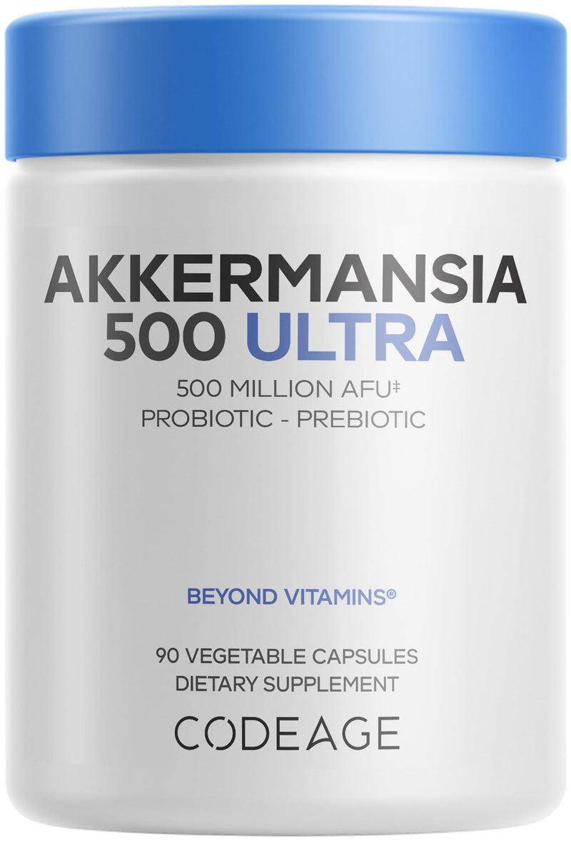 Codeage Akkermansia Muciniphila, 500M AFU, Chicory Inulin, 90 Capsules | Akkermansia muciniphila probiotic, 500 million AFU with chicory inulin prebiotic. 90 shelf-stable capsules. Non-GMO.