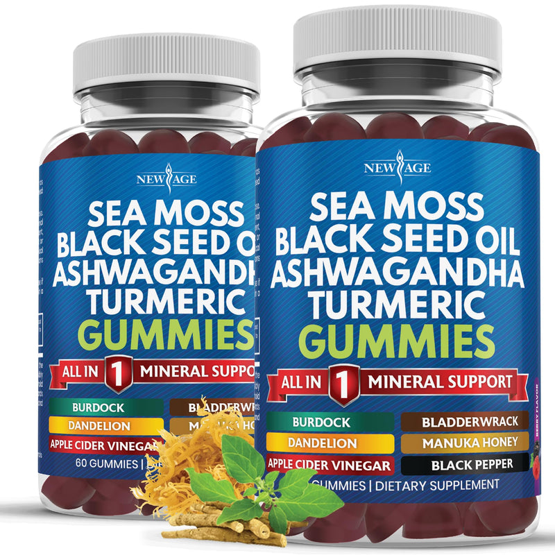 [Australia] - Sea Moss 3000mg with Colloidal Gold Black Seed Oil 2000mg Ashwagandha 1000mg Turmeric 1000mg Bladderwrack 1000mg Burdock 1000mg- with Manuka, Honey Dandelion with Trace Minerals - 120 Count 120 Gummies (Pack of 2) 