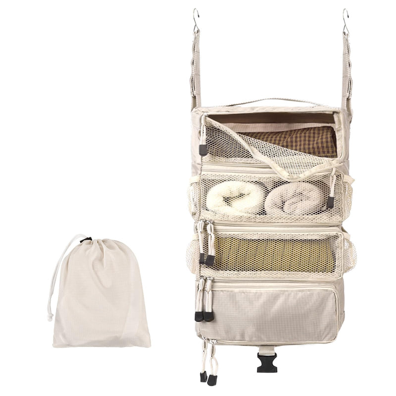 TABITORA Travel Luggage Organizer Hanging Packing Cubes Portable Hanging Shelves Carry on Closet for Suitcase with 2 Hooks,Collapsible(Beige,M) Beige Medium