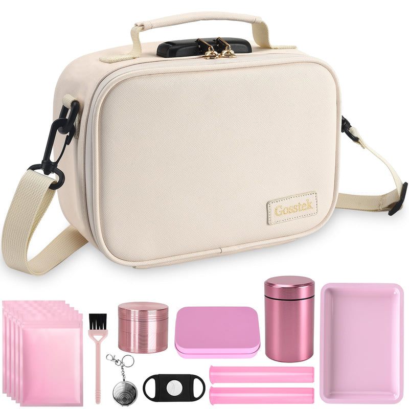 Gosstek PU Leather Odorless Carrier Bag with 10 Small Accessories, Portable Smell Proof Box Case with Lock and Great Gift for Women, Childproof Organization Container Box 9 X 6 X 4 Inches (Beige)