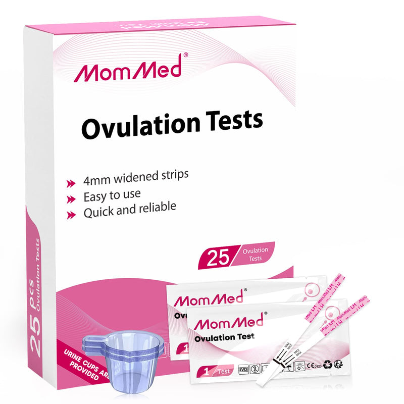 MomMed Ovulation Test Strips (LH25) with 25 Collection Cups, Reliable LH Surge Predictor OPK Kit, Accurately Track Ovulation Test, High Sensitivity Result for Women Home Testing, Pink 1 Count (Pack of 25)
