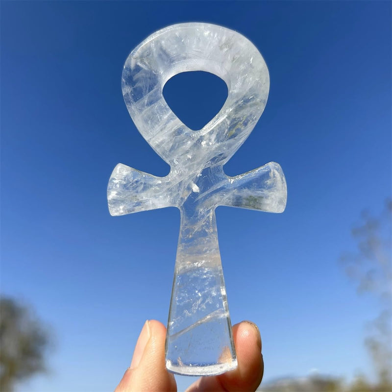 4" Cross Crystal Worry Stones Natural Clear Crystal Ankh Cross Carved Rose Quartz ，Aventurine Crystal Skull Reiki Healing 1pc (Clear Crystal)