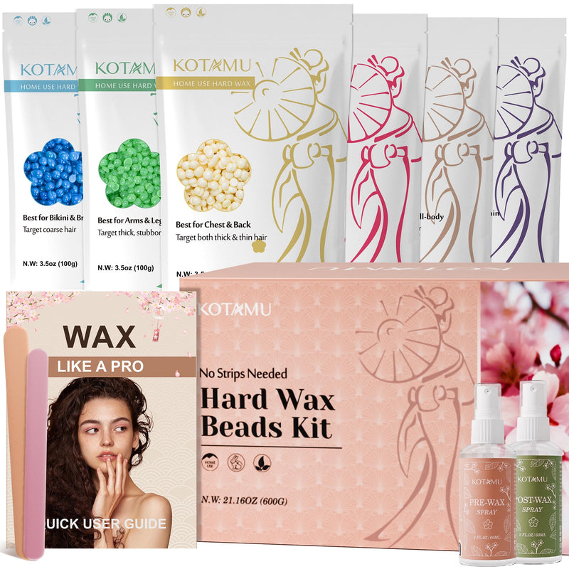 [Australia] - KOTAMU Hard Wax Beads, 6 Packs Waxing Beads for Hair Removal- Facial Bikini Brazilian Leg Sensitive Skin Full Body- Stripless Wax Beans Kit for Coarse & Fine Hair, Ideal for Women Men Home Salon Use 