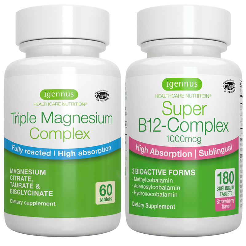 Triple Magnesium Complex + Super B12-Complex Energy Bundle, High Absorption Chelated Glycinate, Taurate & Citrate Magnesium + High Absorption Sublingual B12, Vegan, by Igennus