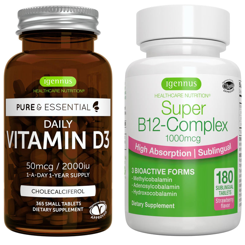 Daily Vitamin D3 + Super B12-Complex, Vegetarian Bundle, 365 2000iu Vitamin D3 Tablets + High Absorption Sublingual B12, by Igennus
