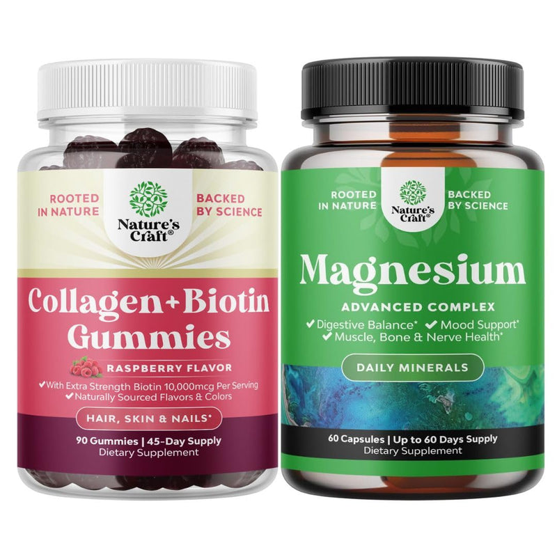 Bundle of Hair Skin and Nails Gummies for Women - Extra Strength Biotin and Collagen Gummies for Women Hair Skin Nails Support and High Absorption Magnesium Complex Supplement for Stomach & Digestion