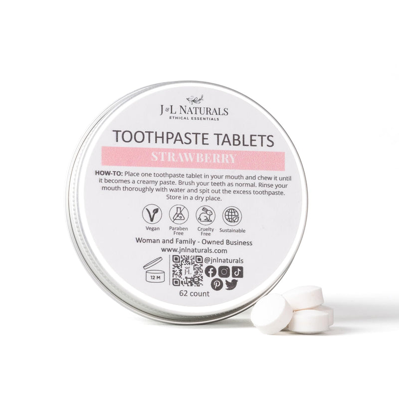 [Australia] - J&L Naturals Toothpaste Tablets | 62-Pack Travel-Friendly Toothpaste | Fluoride + Plastic Free, Vegan, Cruelty Free, Sustainable | Woman-Owned Small Business (Strawberry, 62 Count (Pack of 1)) Strawberry 62 Count (Pack of 1) 