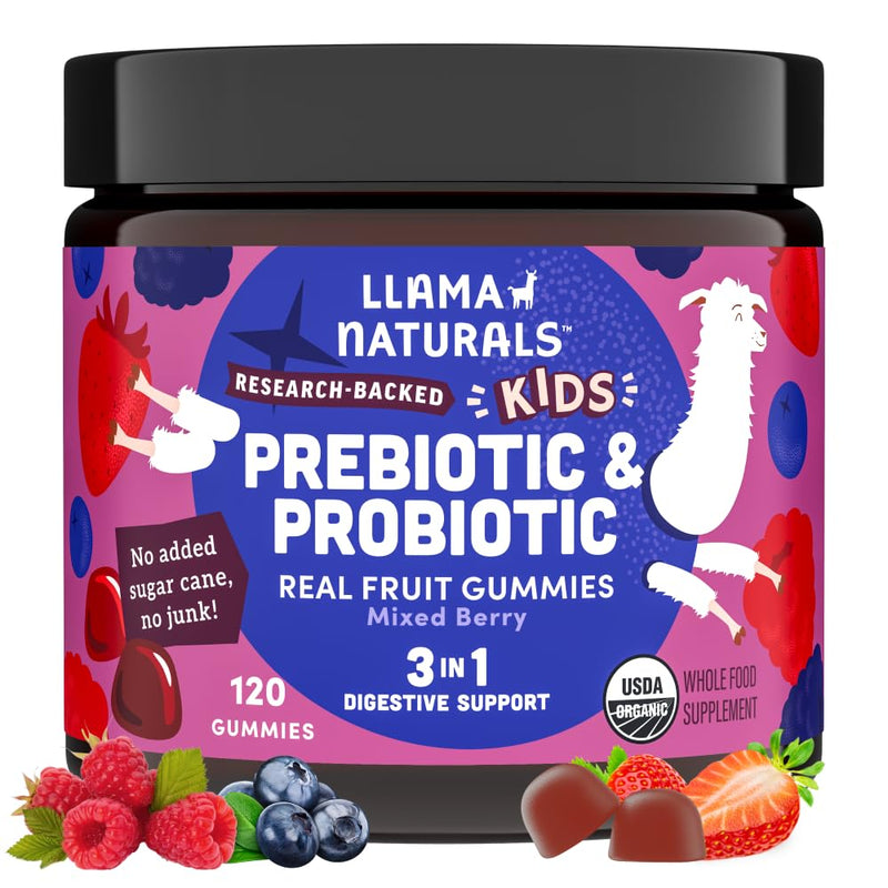 Llama Naturals Kids Probiotic with Prebiotic Fiber, Vegan, Organic Prebiotics and Probiotics Gummies for Gut Health Support, Toddler Real Fruit Gummy Vitamins, No Added Sugar Cane, Mixed Berry, 120 Ct Kids Mixed Berry 120 Count (Pack of 1)
