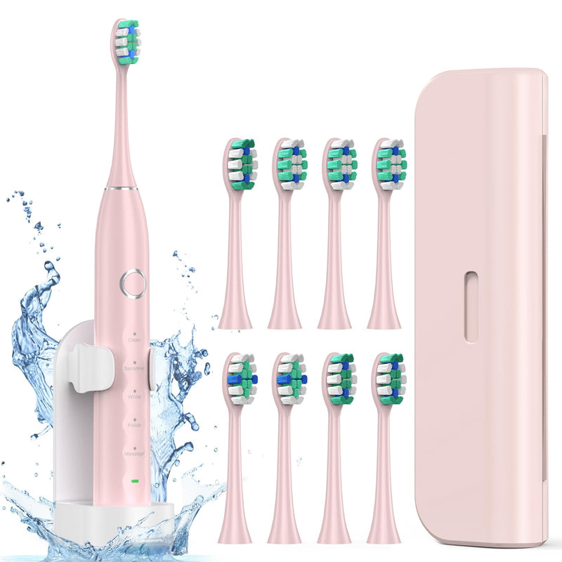 Electric Toothbrush for Adults with 8 Brush Heads, Sonic Toothbrush Rechargeable with a Holder & Travel Case, 2.5 Hours Charge for 120 Days Use Pink 1 Count (Pack of 1)