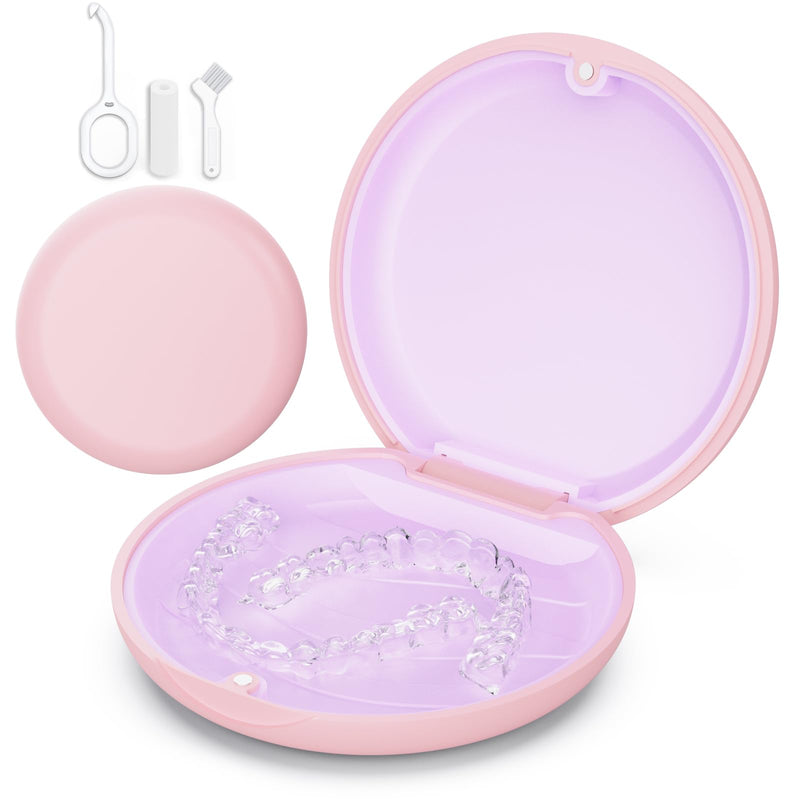 [Australia] - Retainer Case, Compatible with Invisalign, Cute Orthodontic Slim Aligner Case with Removal Tool and Brush, Pink Circle - Pink 