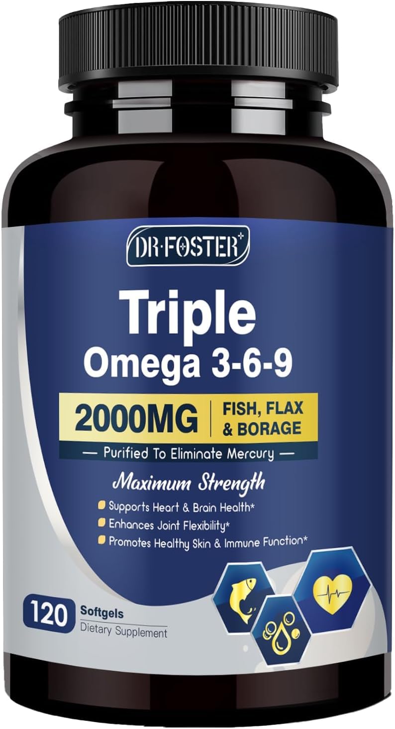 [Australia] - Triple Omega 3-6-9 Fish Oil 2000mg with Vitamin E - EPA & DHA Fatty Acids Supplement - Supports Heart, Brain, Eye, Skin & Immune Health - Includes Flaxseed & Borage, Non-GMO, 120 Softgels 