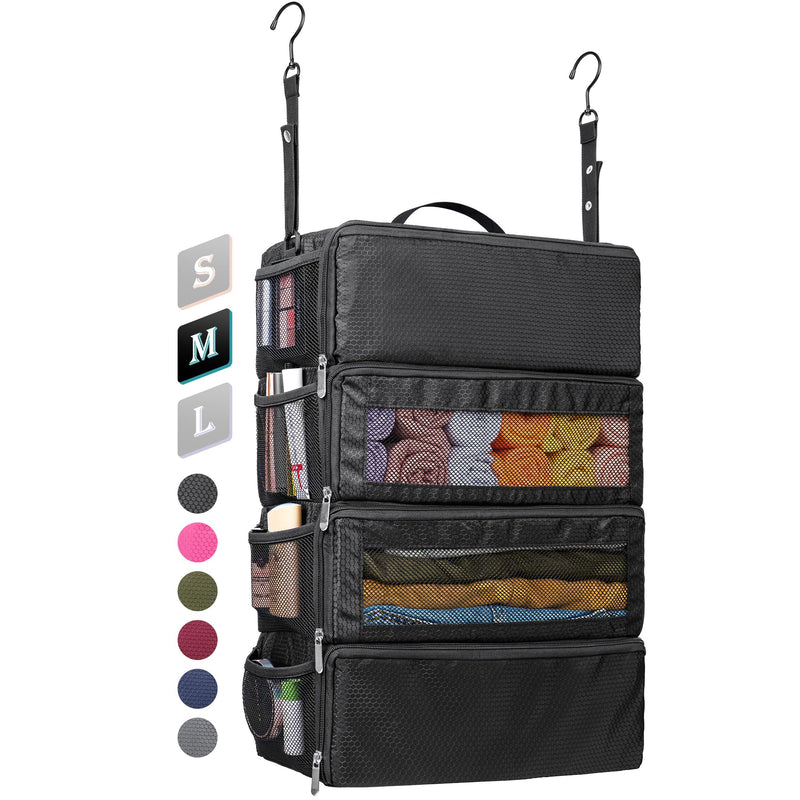 Vokelater Suitcase Organizer - Travel Luggage Organizer with Hanging Shelves & Packing Cubes - Collapsible, Portable, Carry-on, Medium, Black Black-M