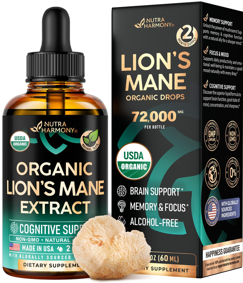 [Australia] - Lions Mane Liquid - USDA Certified Organic Lions Mane Supplement - Brain Support, Energy, Memory & Focus - Sugar & Alcohol-Free Lion's Mane Mushroom Extract 72,000 mg / Bottle, 2 Fl OZ, 2 Month Supply 2 Fl Oz (Pack of 1) 