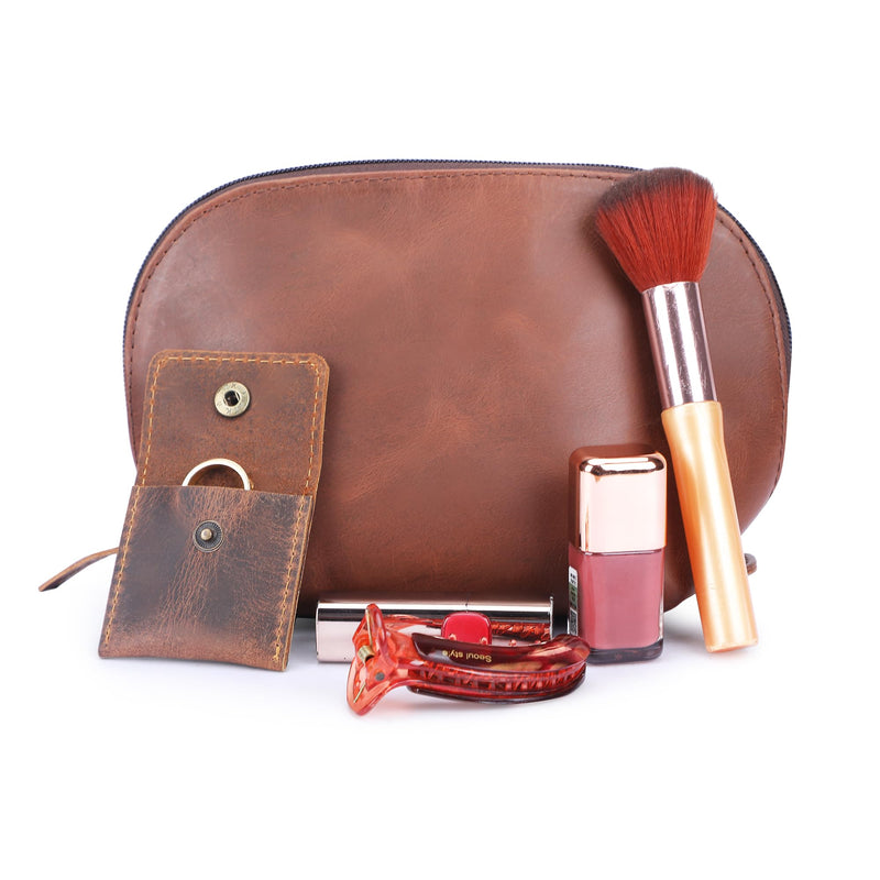 Leather cosmetics bag, Ring Pouch with soft leather inside, Dopp kit, Toiletry bag for men and women