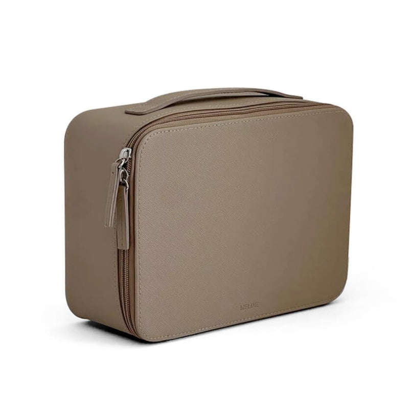 MELINE Leather Makeup Bag with Brush Holder,Travel Cosmetic Case for Women,Large Capacity Waterproof Toiletry Bag with Handle,Stylish and Durable Makeup Organizer (Taupe) Taupe