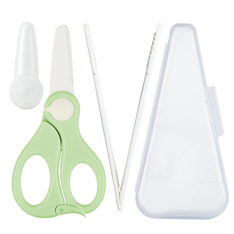[Australia] - Baby Food Scissors with Travel Case and Tongs Set, Fully Detachable Ceramic Kids Food Scissors with Safety Lock, Dishwasher Safe, Ideal for Noodles, Meats, Vegetables, Pizza and Fruits (A) Green 