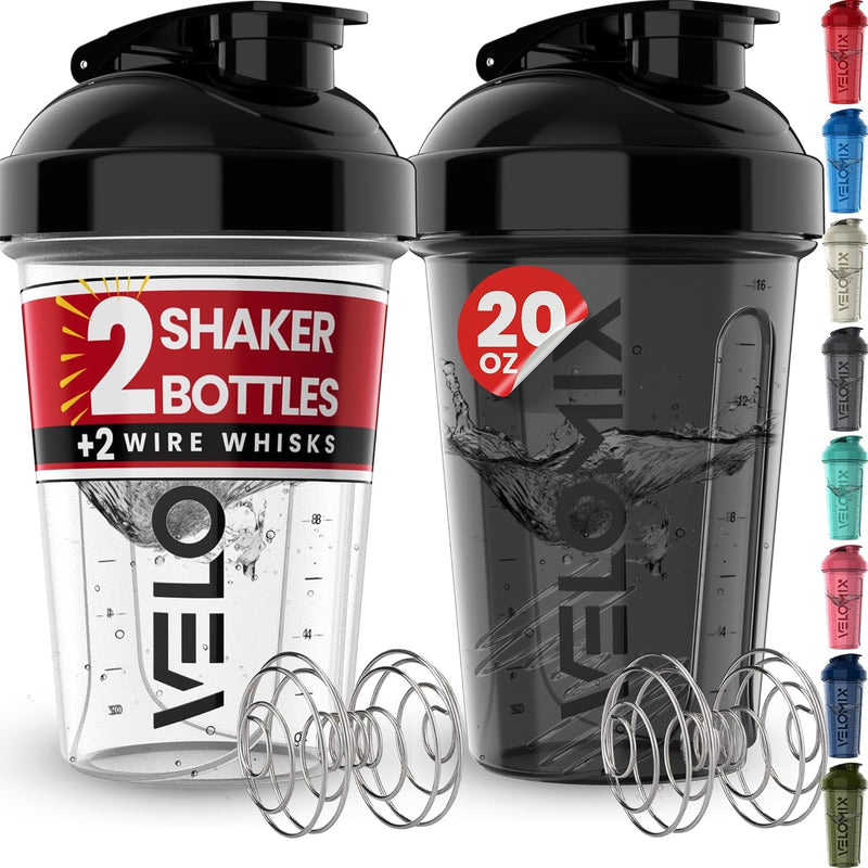 [Australia] - -2 Pack- 20 oz Protein Shaker Bottles for Protein Mixes - 2x Wire Whisk | Leak Proof Shaker Cups for Protein Shakes and Pre Workout | Protein Shaker Bottle Pack A) Black / Transparent 