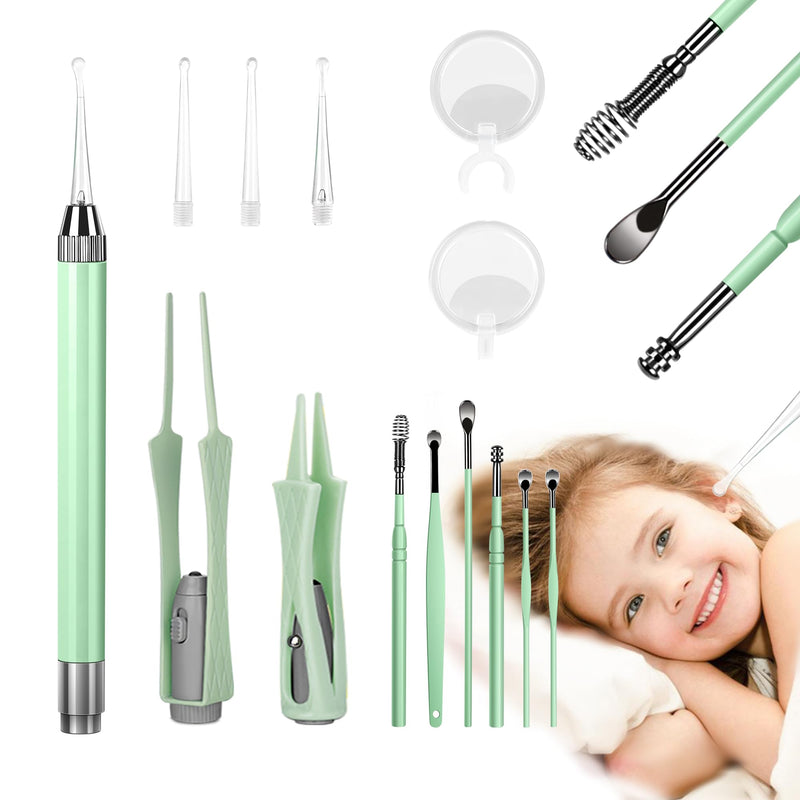 [Australia] - 15 Pack Ear Wax Removal Tool Kit with Light - LED Ear Cleaning Kit, Ear Wax Removal for Kids and Adults, Ear Cleaning Tool, Ear Picker Spoon & Ear Tweezers & Spiral Spring Ear Spoon Green 