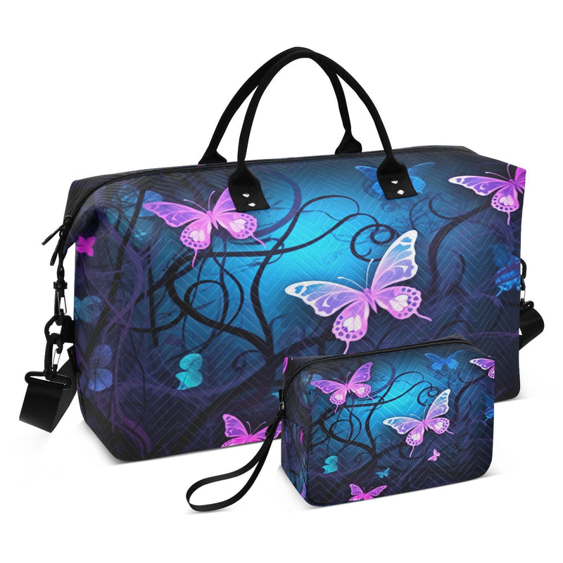 YETTASBIN Travel Duffel Bag for Women Men, Purple Blue Butterfly Large Waterproof Weekender Overnight Bag, Detachable Shoulder Strap Travel Sport Gym Bag with Toiletry Bag